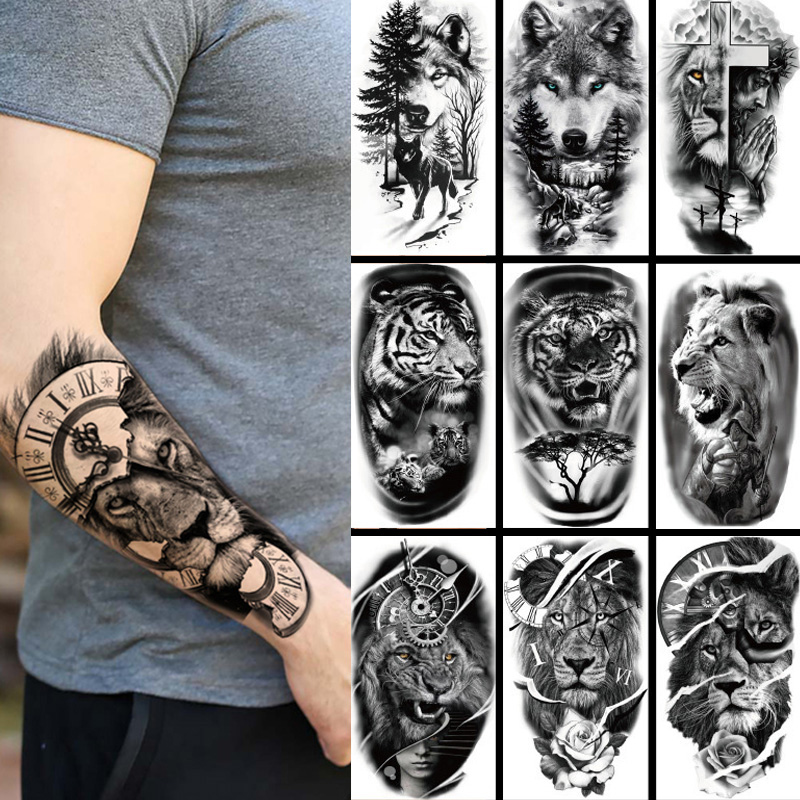 Men Fashion King - Водостойкая Временная тату-наклейка, лес, большой тигр,
